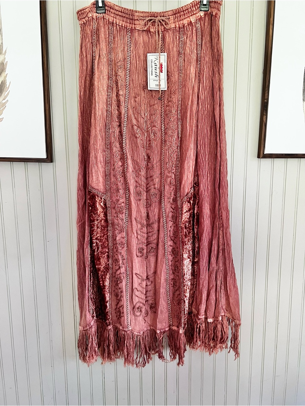 Kaush NWT Maxi Skirt Embroidered & Velvet Panels Frayed Hem Rust Brown